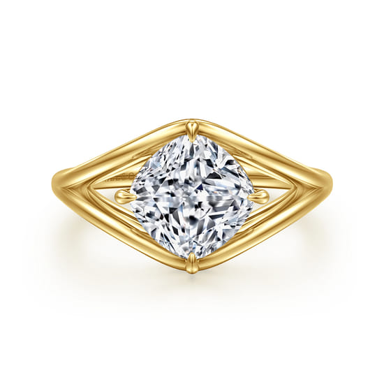 14K Yellow Gold Split Shank Compass Prong Cushion Cut Diamond Engagement Ring