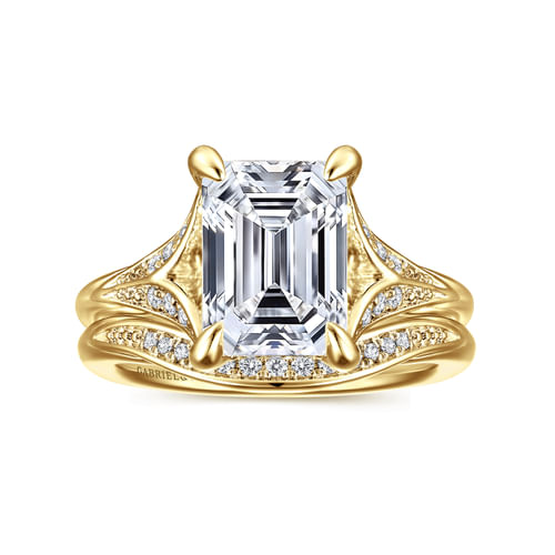 14K Yellow Gold Split Shank Emerald Cut Diamond Engagement Ring