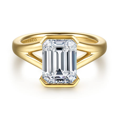 14K Yellow Gold Split Shank Half Bezel Emerald Cut Diamond Engagement Ring