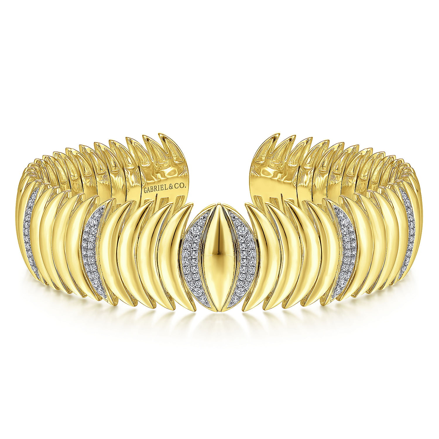 14K Yellow Gold Stacked Crescent Cuff Bracelet with Pavé Diamond Stations