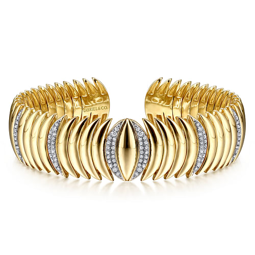 14K Yellow Gold Stacked Crescent Cuff Bracelet with Pavé Diamond Stations