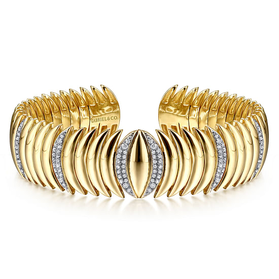 Gabriel - 14K Yellow Gold Stacked Crescent Cuff Bracelet with Pavé Diamond Stations