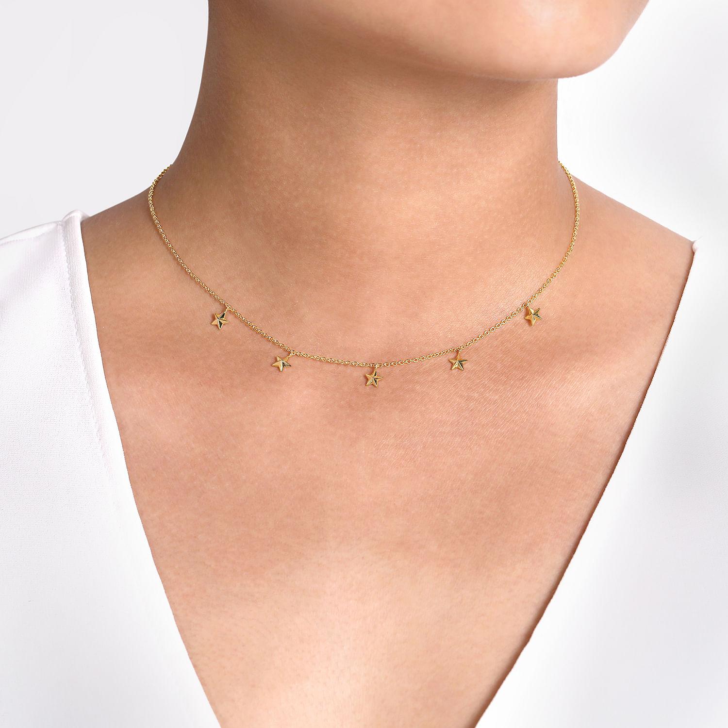 14K Yellow Gold Star Drop Station Necklace