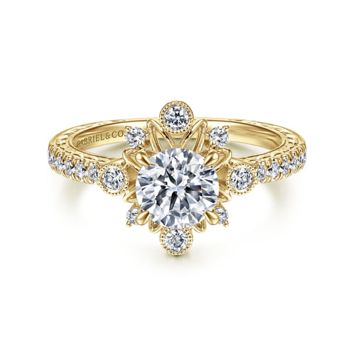 14K Yellow Gold Starburst Halo Round Diamond Engagement Ring