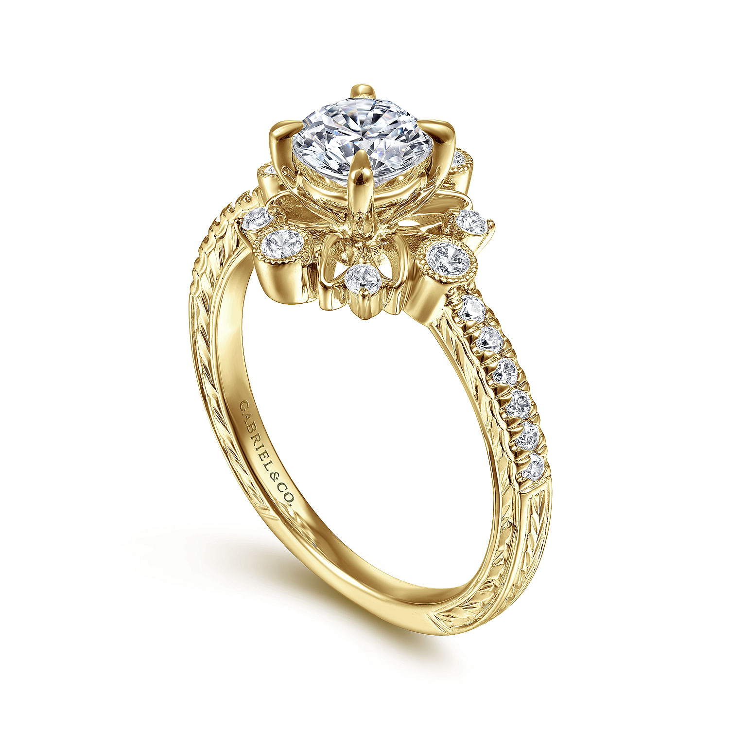 14K Yellow Gold Starburst Halo Round Diamond Engagement Ring
