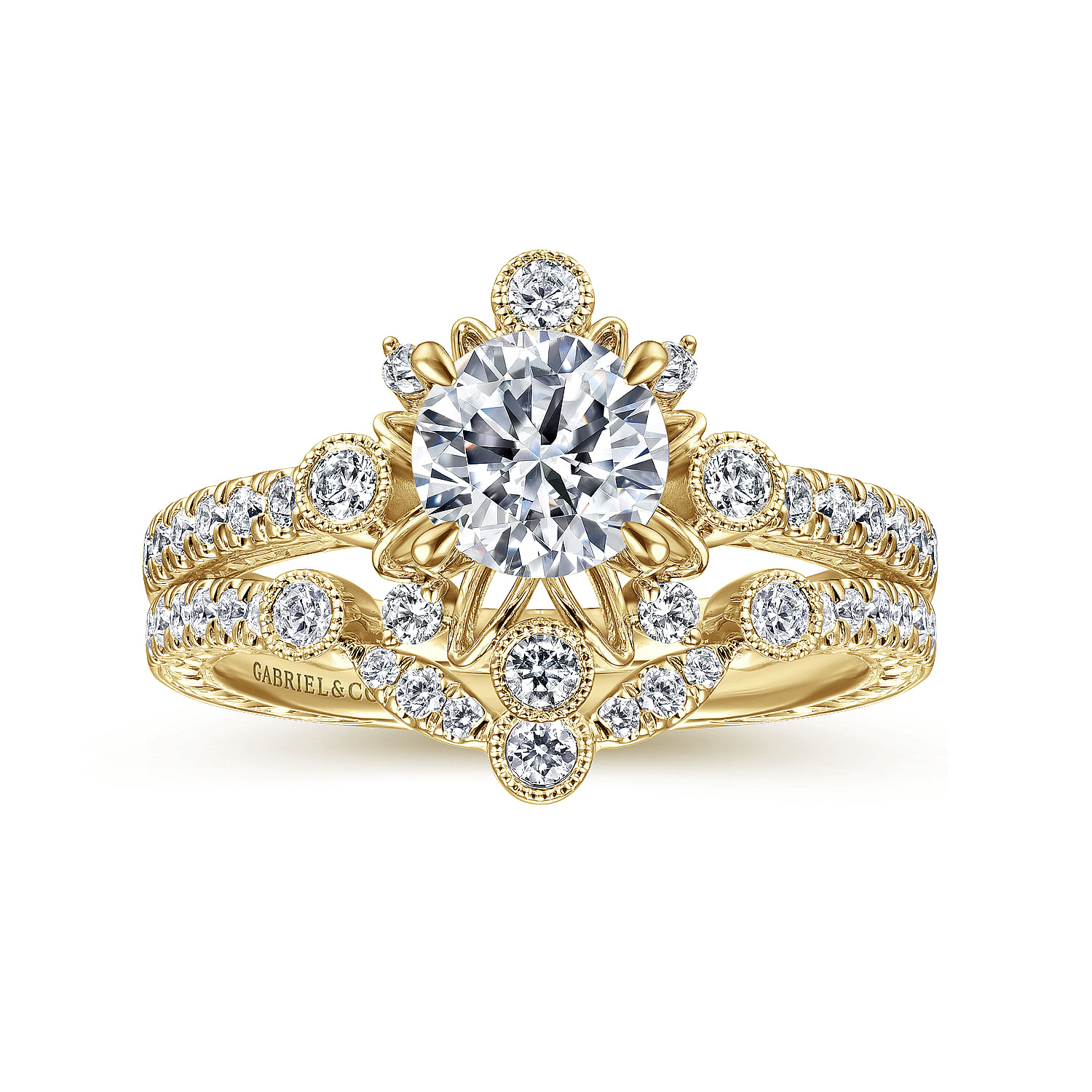 14K Yellow Gold Starburst Halo Round Diamond Engagement Ring