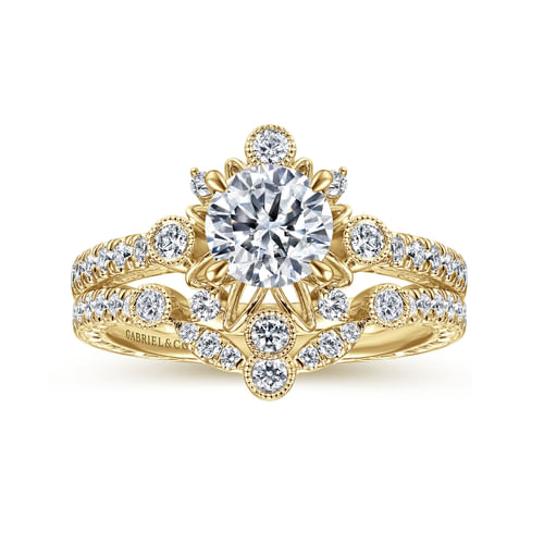 14K Yellow Gold Starburst Halo Round Diamond Engagement Ring