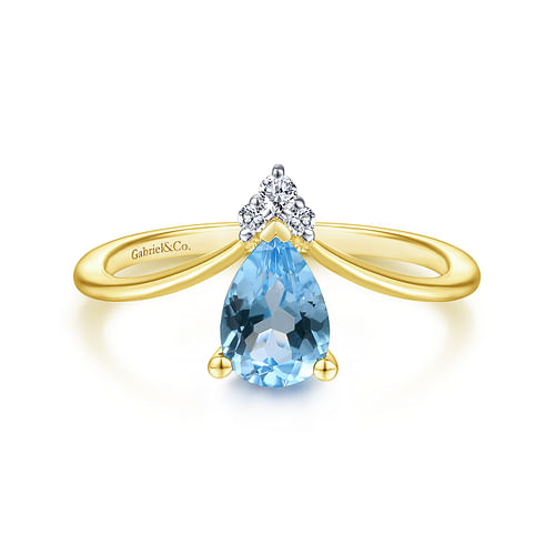 14K Yellow Gold Swiss Blue Topaz Diamond Chevron Ring