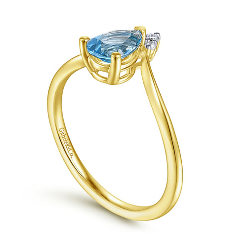 14K Yellow Gold Swiss Blue Topaz Diamond Chevron Ring