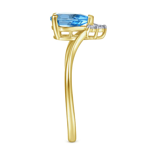 14K Yellow Gold Swiss Blue Topaz Diamond Chevron Ring