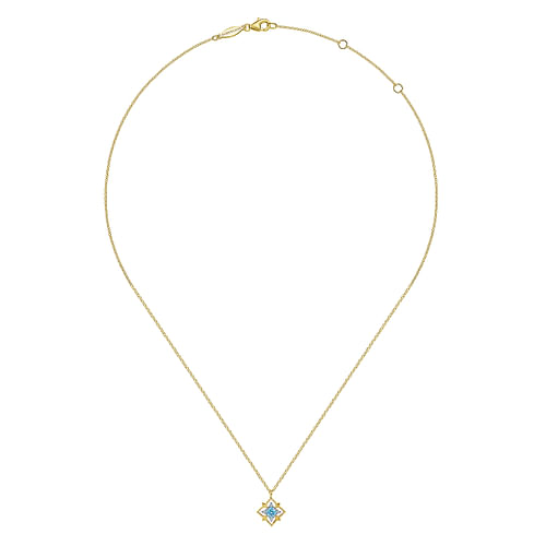 14K Yellow Gold Swiss Blue Topaz and Diamond Floral  Pendant Necklace