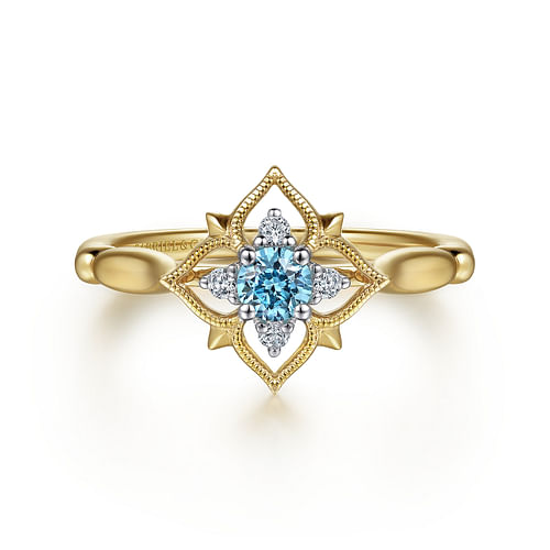 14K Yellow Gold Swiss Blue Topaz and Diamond Floral Ring