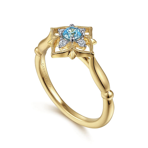 14K Yellow Gold Swiss Blue Topaz and Diamond Floral Ring