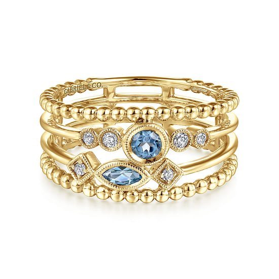 Gabriel - 14K Yellow Gold Swiss Blue Topaz and Diamond Multi Row Ring