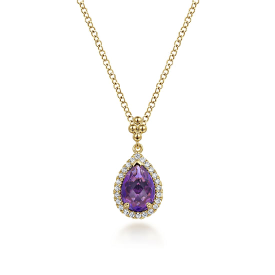 Gabriel - 14K Yellow Gold Teardrop Amethyst with Diamond Halo Necklace