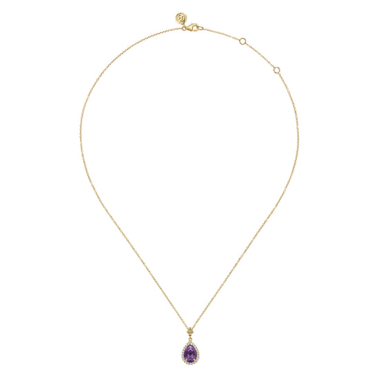 14K Yellow Gold Teardrop Amethyst with Diamond Halo Necklace angle 2