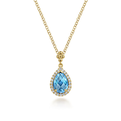 14K Yellow Gold Teardrop Blue Topaz with Diamond Halo Necklace