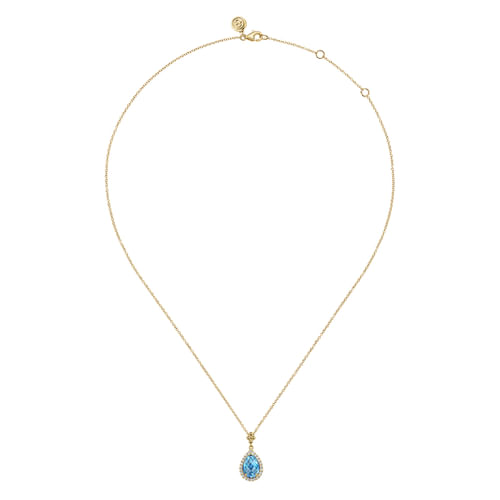 14K Yellow Gold Teardrop Blue Topaz with Diamond Halo Necklace