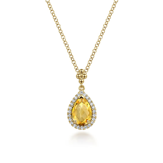 Gabriel - 14K Yellow Gold Teardrop Citrine with Diamond Halo Necklace