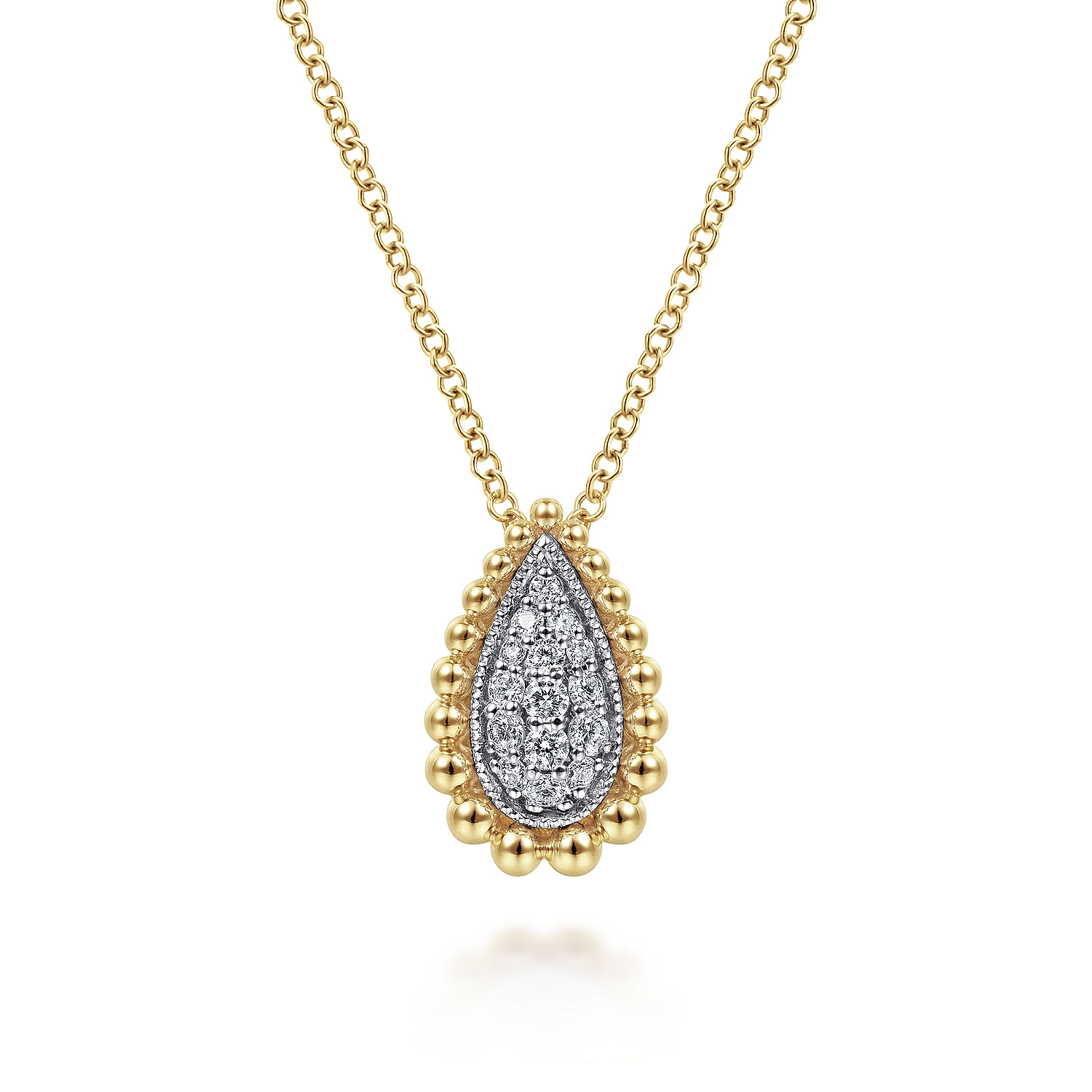 Gabriel - 14K Yellow Gold Teardrop Diamond Pavé Pendant Necklace with Beaded Frame