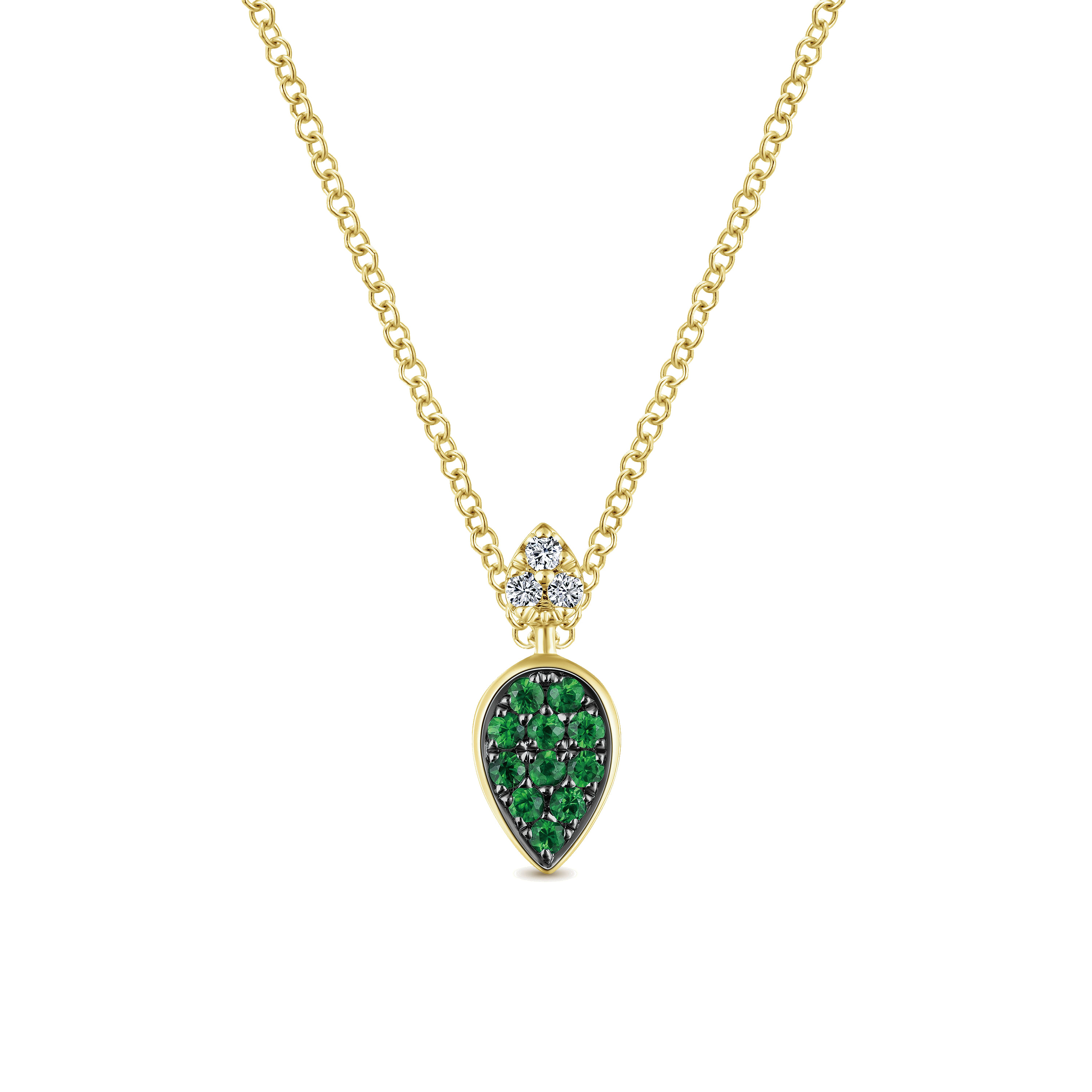 14K Yellow Gold Teardrop Pendant Necklace with Emeralds and Diamonds