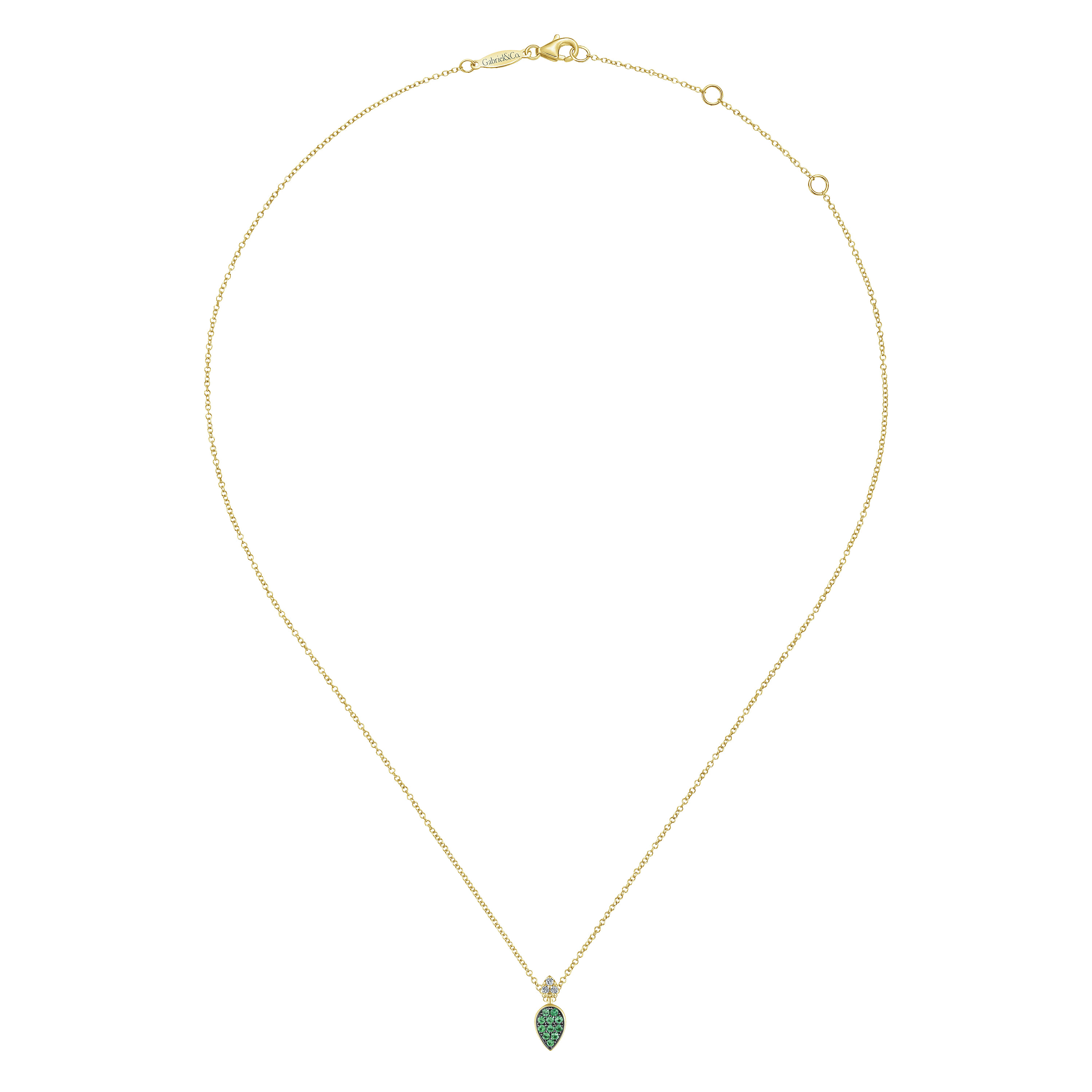 14K Yellow Gold Teardrop Pendant Necklace with Emeralds and Diamonds