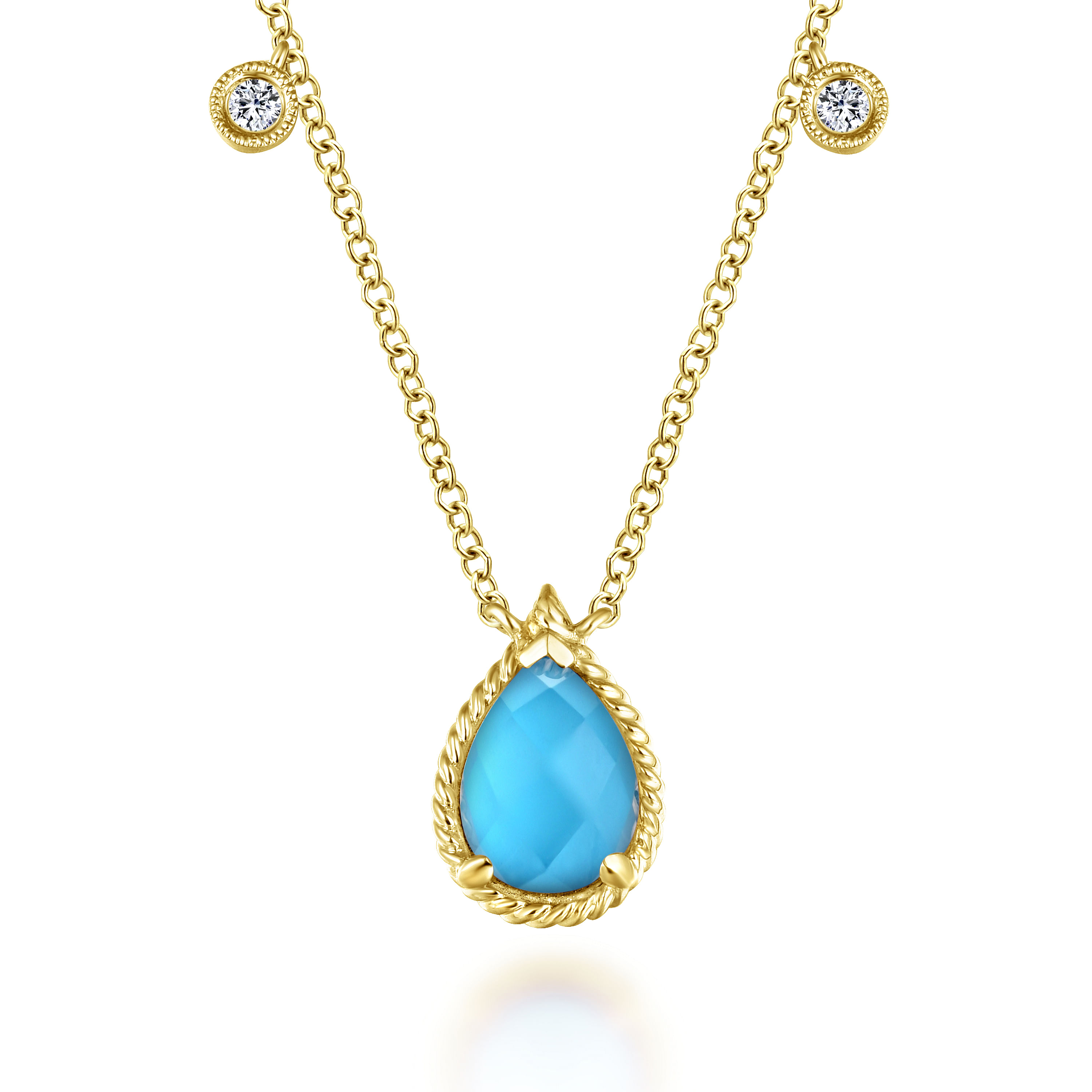 14K Yellow Gold Teardrop Rock Crystal/Turquoise Pendant Necklace with Diamond Accents