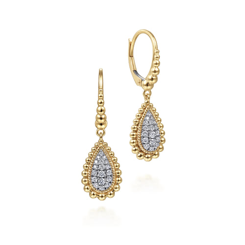 14K Yellow Gold Teardrop Shape Beaded Frame Diamond Drop Earrings