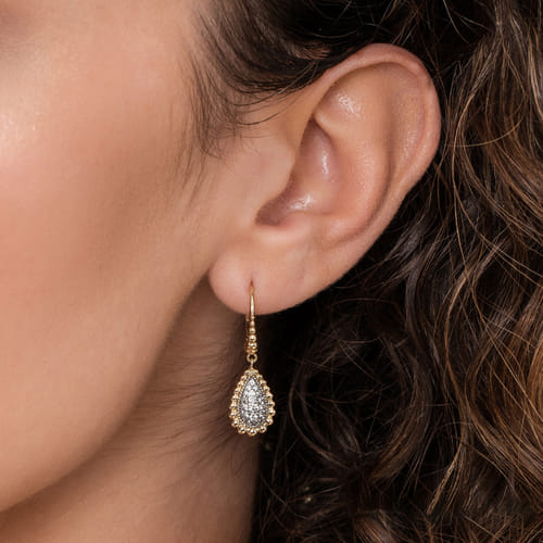 14K Yellow Gold Teardrop Shape Beaded Frame Diamond Drop Earrings