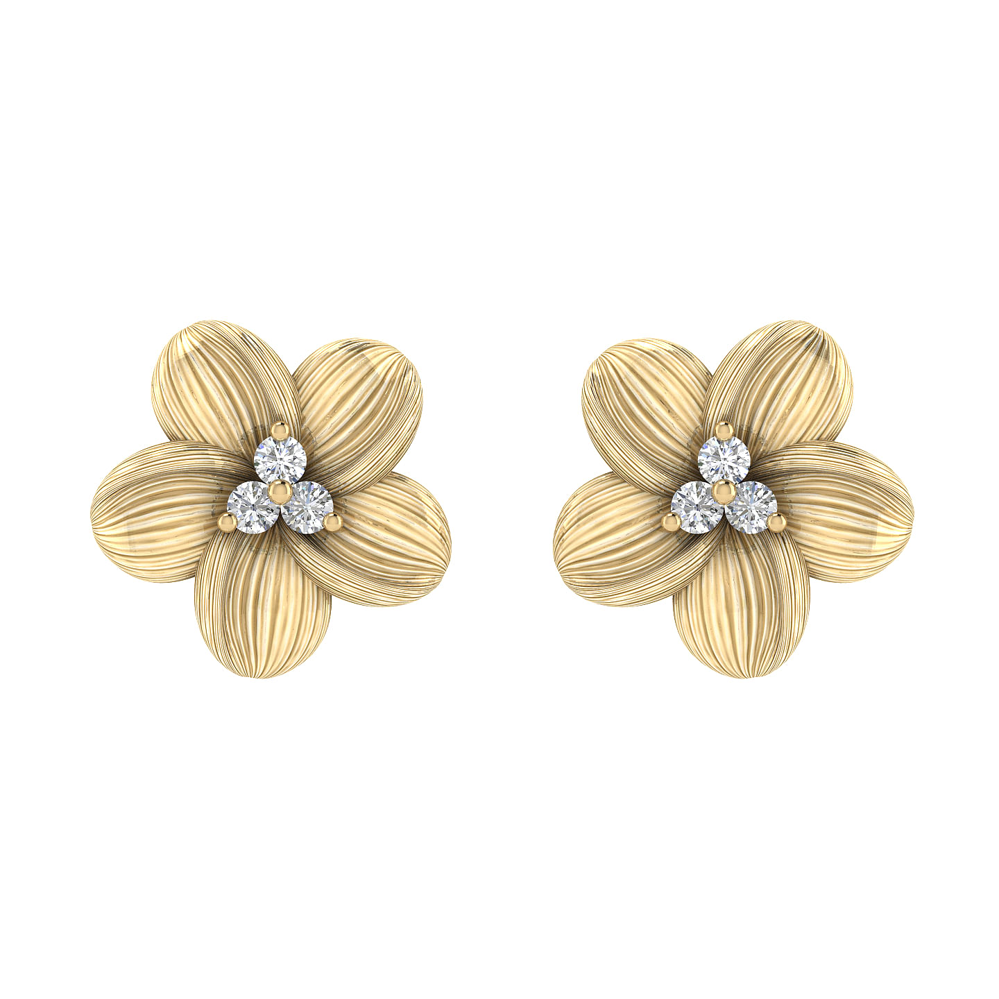 14K Yellow Gold Textured Flower and Diamond Stud Earrings
