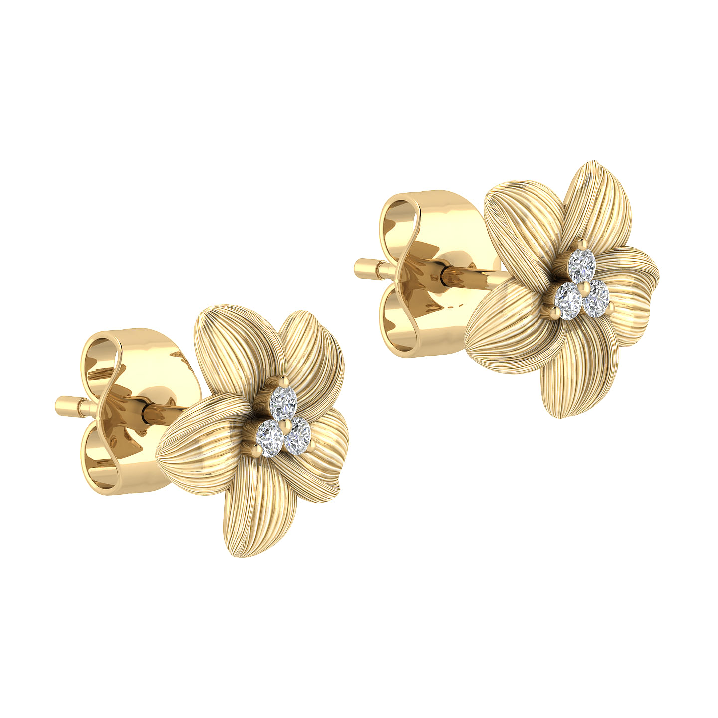 14K Yellow Gold Textured Flower and Diamond Stud Earrings