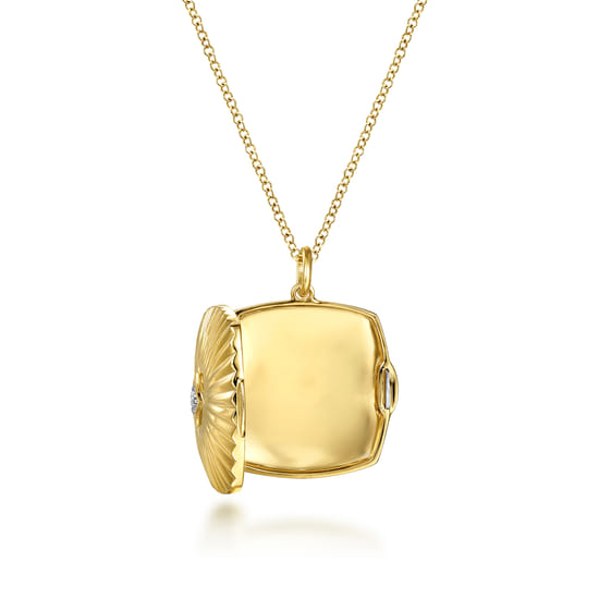 14K Yellow Gold Textured Locket Necklace with Diamond Center angle 2