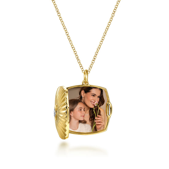14K Yellow Gold Textured Locket Necklace with Diamond Center angle 3