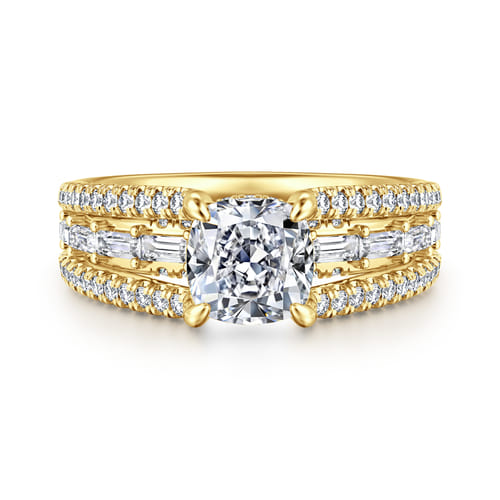 14K Yellow Gold Three Row Cushion Cut Diamond Engagement Ring