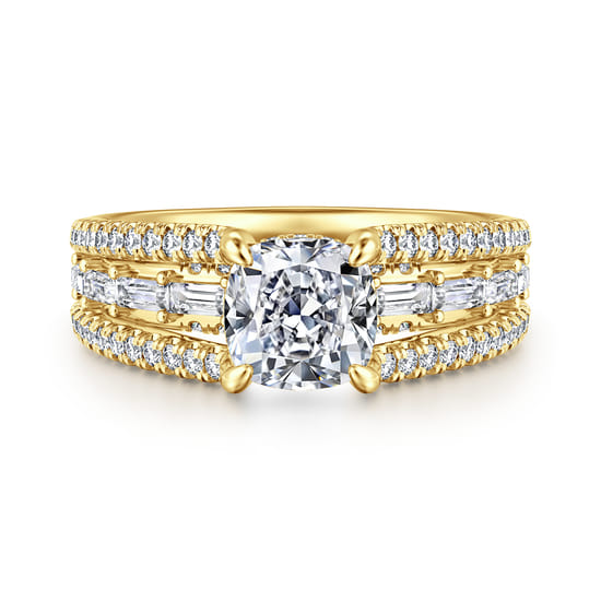 Gabriel - 14K Yellow Gold Three Row Cushion Cut Diamond Engagement Ring