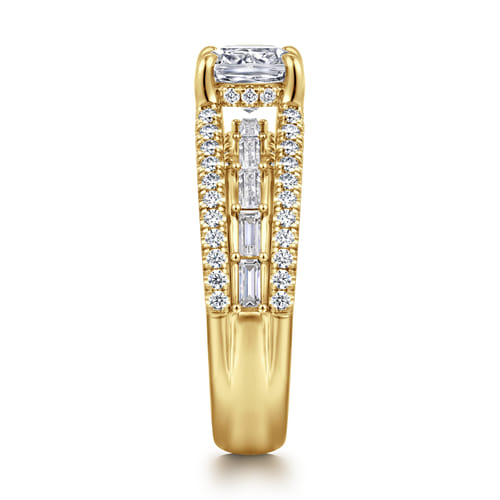 14K Yellow Gold Three Row Cushion Cut Diamond Engagement Ring