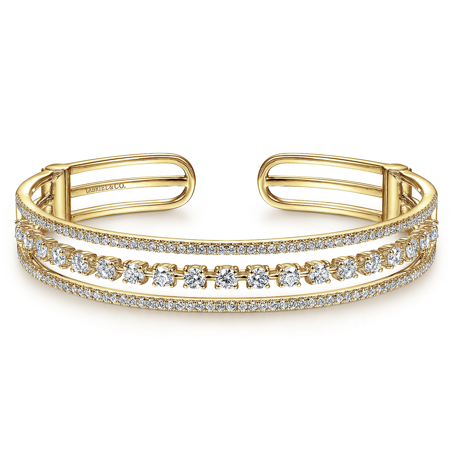 14K Yellow Gold Three Row Diamond Cuff Bracelet