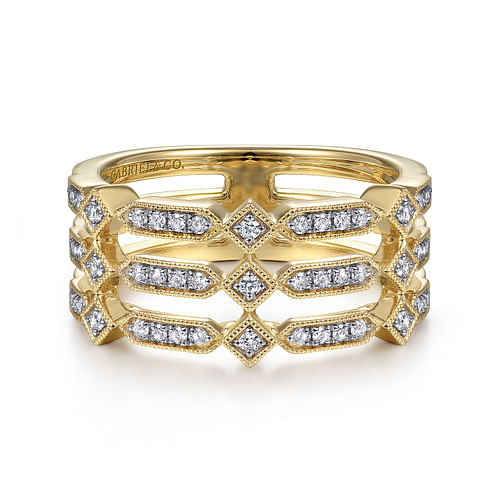 14K Yellow Gold Three Row Diamond Ring