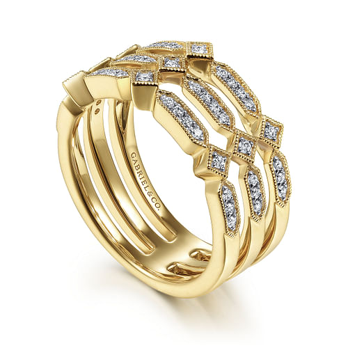 14K Yellow Gold Three Row Diamond Ring