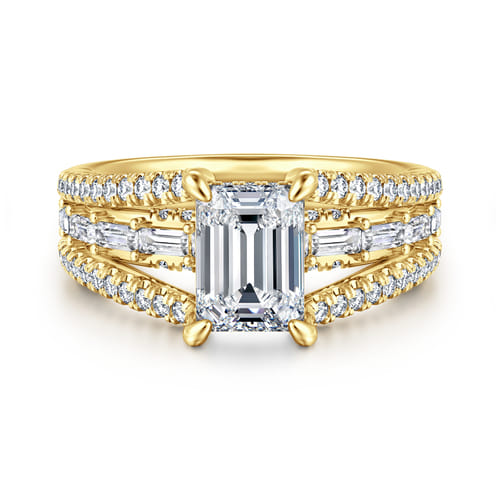14K Yellow Gold Three Row Emerald Cut Diamond Engagement Ring
