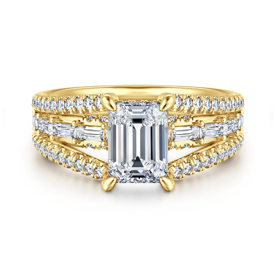 Gabriel - 14K Yellow Gold Three Row Emerald Cut Diamond Engagement Ring