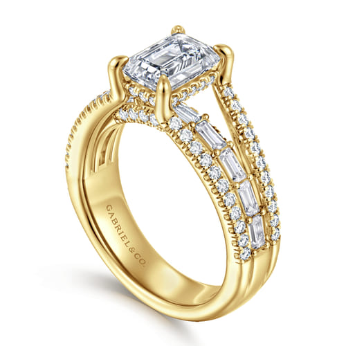14K Yellow Gold Three Row Emerald Cut Diamond Engagement Ring