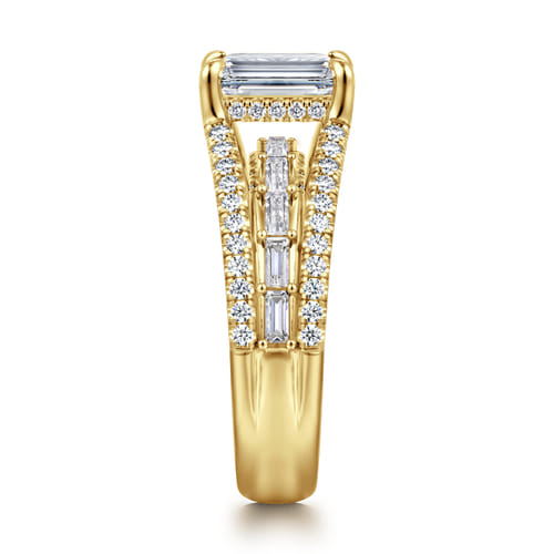 14K Yellow Gold Three Row Emerald Cut Diamond Engagement Ring