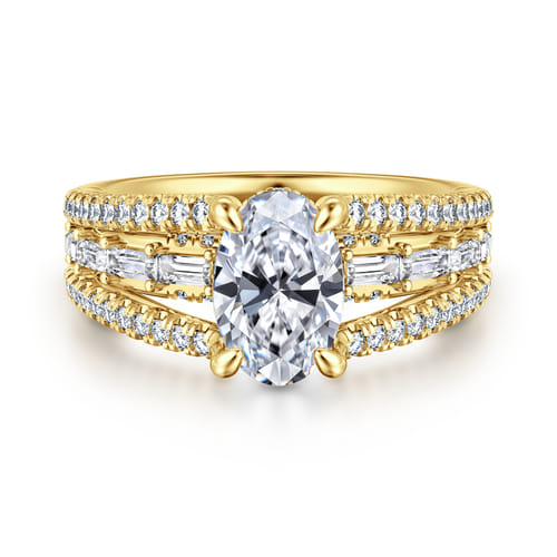 14K Yellow Gold Three Row Oval Diamond Engagement Ring