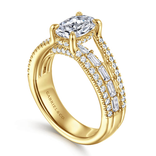 14K Yellow Gold Three Row Oval Diamond Engagement Ring