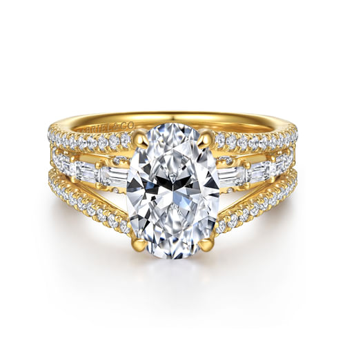 14K Yellow Gold Three Row Oval Diamond Engagement Ring