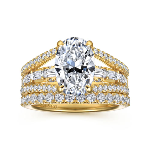 14K Yellow Gold Three Row Oval Diamond Engagement Ring