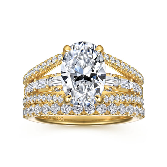 14K Yellow Gold Three Row Oval Diamond Engagement Ring angle 4