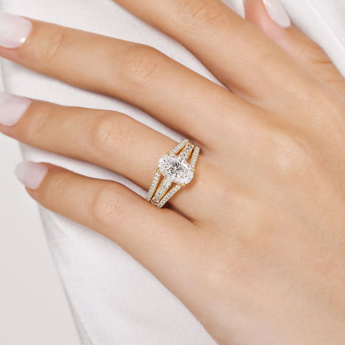 14K Yellow Gold Three Row Oval Diamond Engagement Ring