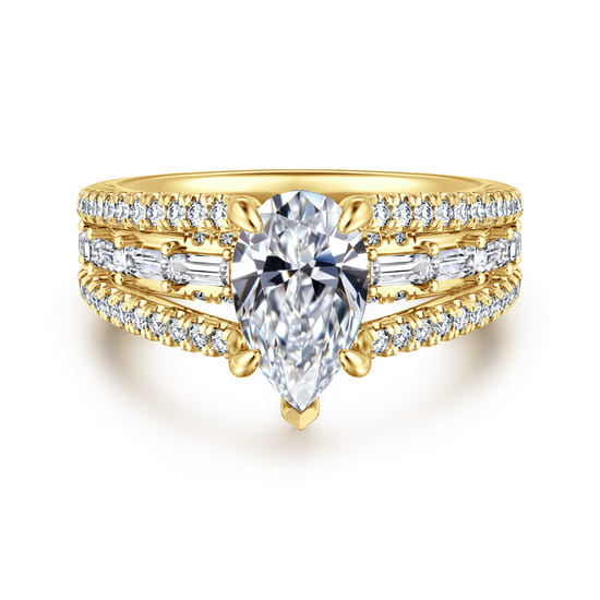 Gabriel - 14K Yellow Gold Three Row Pear Shape Diamond Engagement Ring